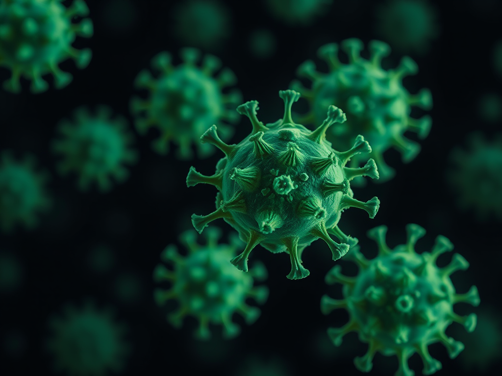 Regenerate the image of green virus-like structures on a dark background with a soft focus depth of field, using a DSLR camera with a 50mm lens, aperture set to f/2.8, ISO 100, and a macro photography style to capture fine details and enhance image quality.