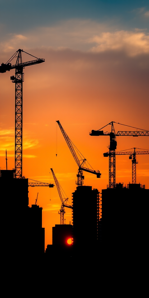 silhouette of cranes and construction buildings at sunset, vibrant orange and blue sky, high dynamic range, aperture f/8, ISO 100, shutter speed 1/250s, wide-angle lens, digital SLR camera