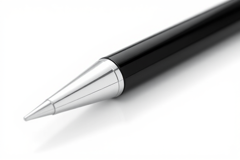 Create a realistic illustration of a sleek black and silver pen with a glossy finish, shot with a 50mm lens at f/2.8, ISO 100, 1/200s shutter speed, in a bright studio setting with soft shadows and a clean white background to enhance detail and clarity.