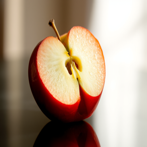 close-up shot of a partially sliced red apple on a black reflective surface with soft diffused lighting, ISO 100, f/3.5, 1/200s, macro lens, DSLR camera