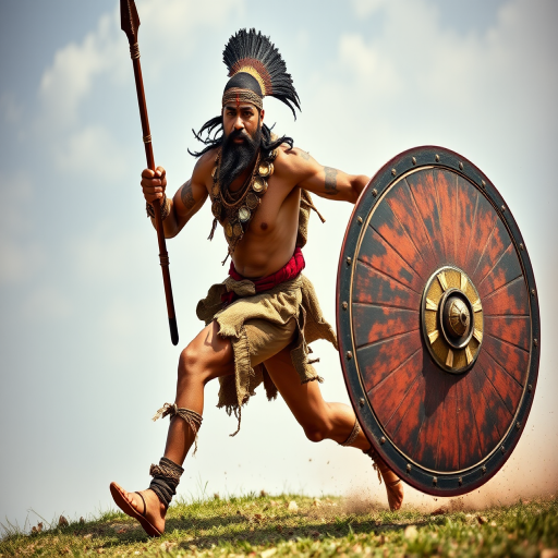 Create a dynamic image of a muscular warrior running with a spear and shield, wearing traditional tribal attire, in a painted style, using a DSLR camera, 50mm lens, f/1.8 aperture, ISO 100, shot in natural light, from a low angle to emphasize strength and motion.