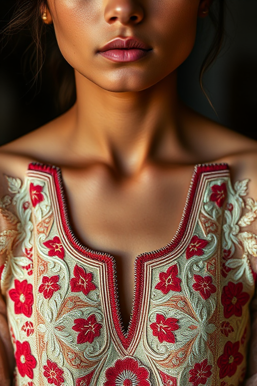Face, shoulders, chest covered in openwork Pakistani embroidery. Raw, unedited image.