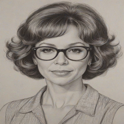 Pleasing Rhea Perlman, pencil sketch, portrait of Elegant woman 1968s in glasses, hair style beatnik, outline, clear lines, fine lines, 8k