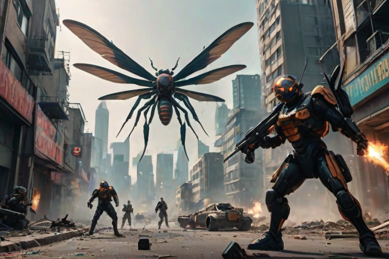 A squad of flying insect commandos, with a massive dragonfly wielding a railgun and smaller wasps armed with plasma pistols, soar through a war-torn cityscape. Below, ground forces made up of ants and beetles hold positions with heavy machine guns and rocket launchers, their stances suggesting they're defending a key outpost. The futuristic city is ablaze with battle, neon signs flickering as they dodge incoming fire. The commandos are battle-hardened, with a mix of sci-fi weaponry that feels grounded in both insect capabilities and military technology, creating a thrilling, high-stakes war zone