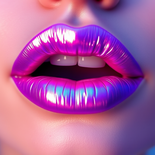 Holographic iridescent lips shifting from lavender to blue, named "Cosmic Kiss," showcase a futuristic sheen and plump appearance for an otherworldly effect