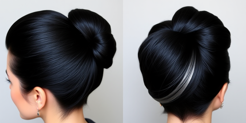 Jet black hair styled in a sleek and polished top knot with razor-sharp edges, featuring a single streak of vibrant silver running through it, embodying elegance with a twist called Midnight Eclipse