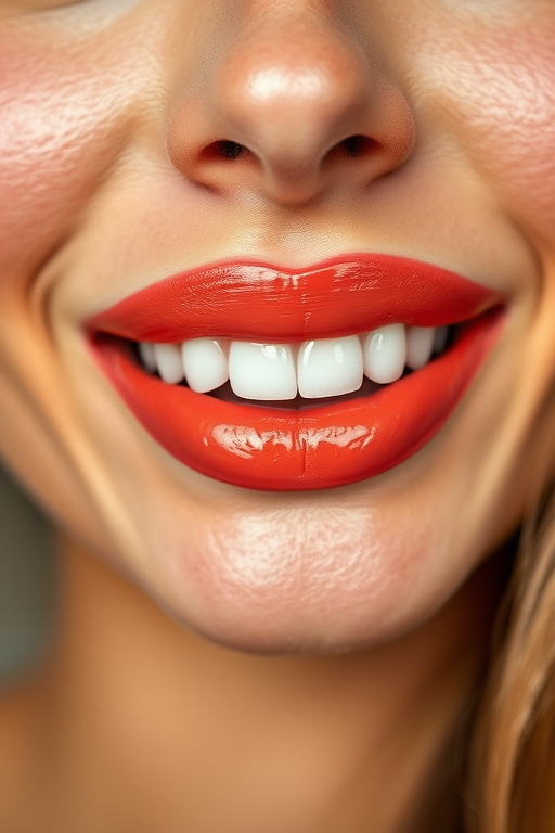 Vibrant coral woman lips with glossy sheen, framed by a radiant smile, enhancing natural beauty and youthful glow