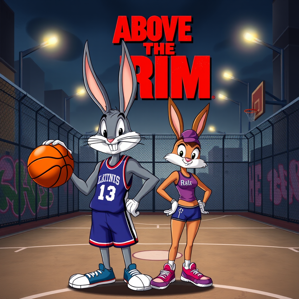 Design an Above the Rim poster featuring Bugs Bunny as Kyle and Lola Bunny as Shep. Bugs is dressed in a basketball jersey and shorts, holding a basketball with a confident expression, while Lola stands beside him in athletic gear, looking determined. The background features an urban basketball court with a wire fence, streetlights, and graffiti. The title "Above the Rim" appears in bold red letters at the top, keeping the original street basketball vibe