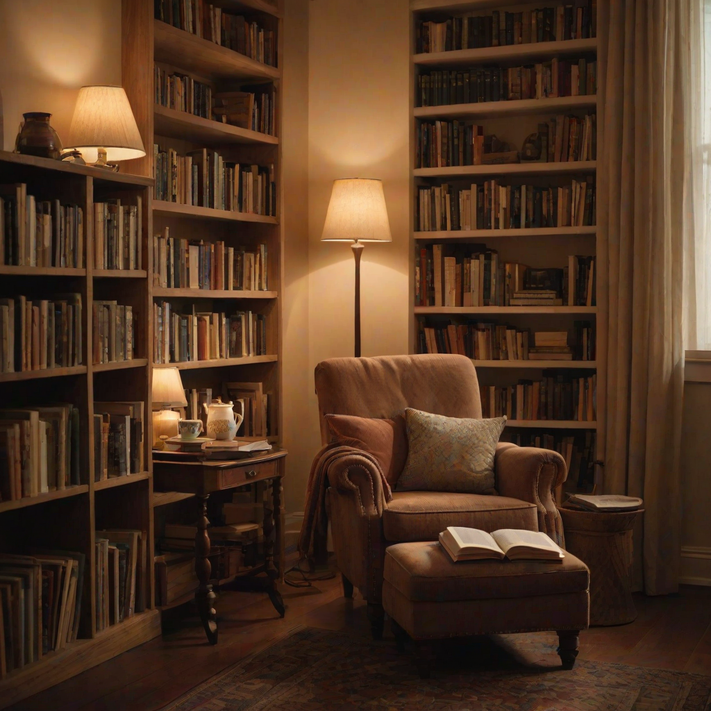 Warmly lit photo of a small library nook with a comfy armchair, soft light from a lamp illuminating a stack of books and a steaming cup of tea on a side table.