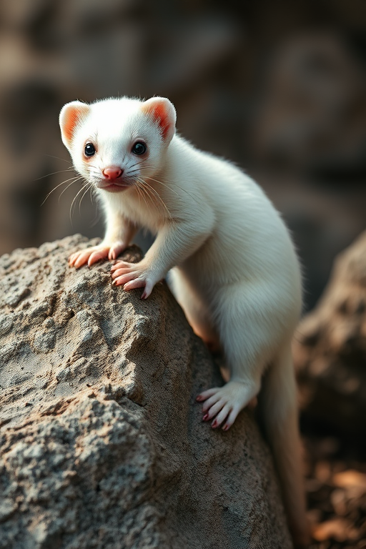 high-quality image of a white ferret climbing on a rock, captured with a Canon EOS R5, 50mm lens, f/2.8, ISO 200, shutter speed 1/200 sec, natural lighting, shallow depth of field, macro view