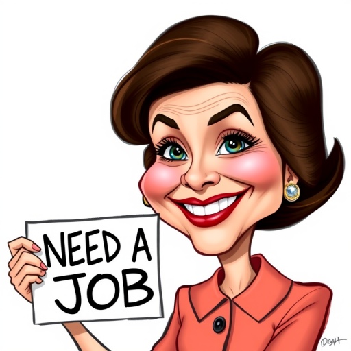 caricature of a smiling Katharine Hepburn in a Salmon dress or suit, holding up a sign that says "NEED A JOB", no watermark,