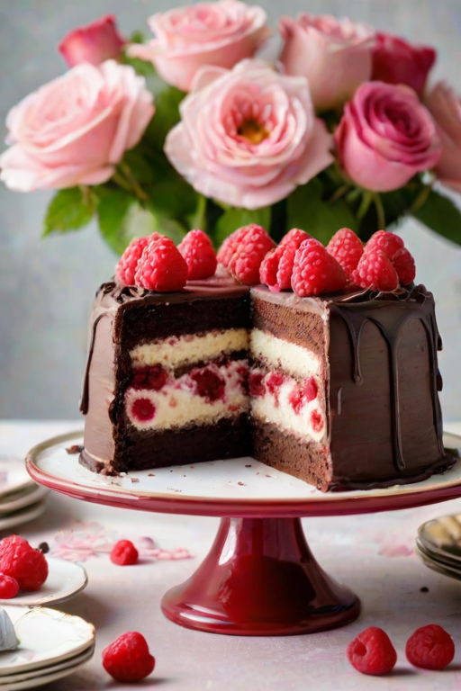 Create an image of a beautifully decorated chocolate frosted cake with a slice cut out, revealing a layer of white cake and a raspberry filling. The cake is placed on a vintage red glass cake stand, surrounded by fresh flowers in the background. Include a few raspberries on the plate next to the slice.