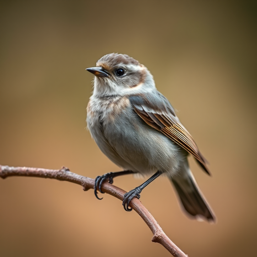A close-up shot of a small bird perched on a branch with soft blurred background, using a DSLR camera with a 50mm lens, aperture set to f/2.8, shutter speed at 1/200s, ISO 400, natural lighting.