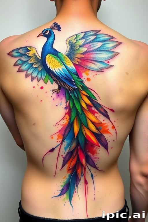 Vibrant watercolor tattoo named "Spectrum Splash" featuring a majestic peacock with iridescent feathers spreading across the upper back, its tail feathers transforming into a cascade of vibrant rainbow hues that flow down the spine, incorporating delicate brush strokes and paint splatters for a dynamic and artistic effect