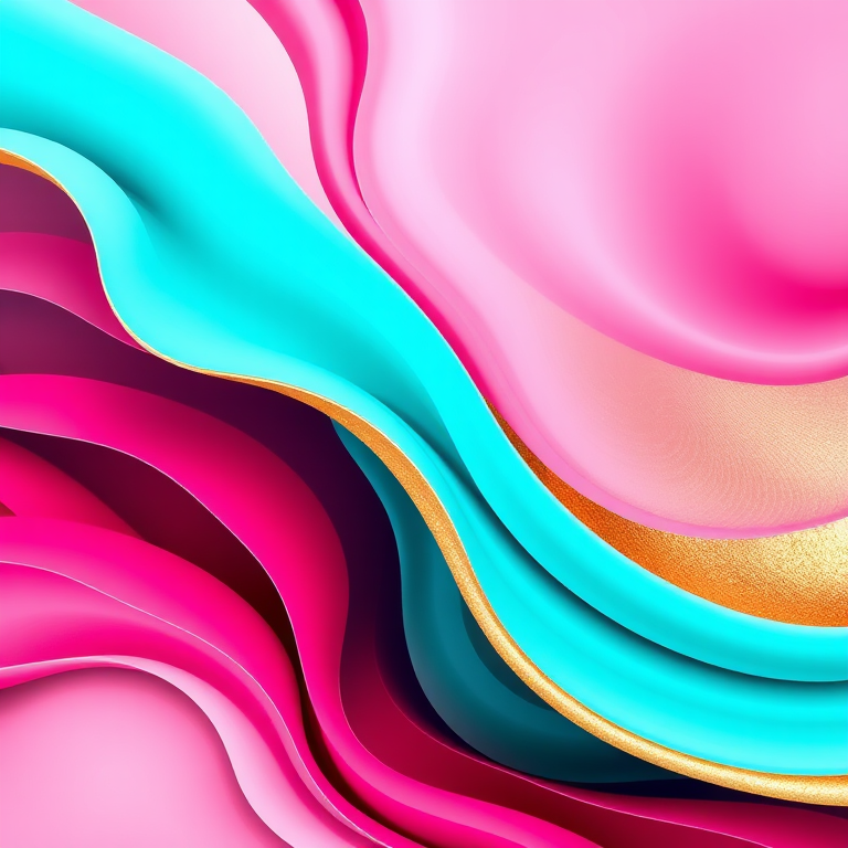 Create an abstract digital art piece with vibrant colors including pink, turquoise, gold, and maroon, featuring smooth, flowing curves and layered shapes, using a high-resolution camera setup at f/8 aperture, ISO 100, and a 50mm lens to capture sharp details, viewed from a frontal angle.