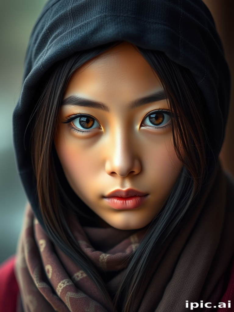 Create a portrait of a young japanese woman with long, dark hair and captivating hazel eyes. She is wearing a dark headscarf and a matching scarf draped gracefully around her neck. The background is softly blurred, focusing attention on her serene and natural expression. The overall color palette is muted and warm, enhancing the intimate and authentic feel of the portrait.
