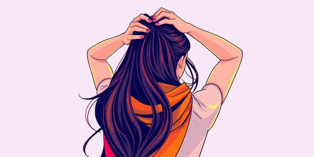 Create a digital illustration of a woman with long, flowing hair styled in a scarf, viewed from behind with her hands on her head, using vibrant colors and a minimalist background; camera settings: ISO 100, aperture f/2.8, shutter speed 1/125s; camera view: portrait; camera style: modern digital; camera type: DSLR.