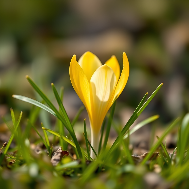 A close-up shot of a yellow crocus flower emerging from green grass, with a shallow depth of field, taken with a DSLR camera at f/2.8, ISO 200, 1/200s, natural light, macro lens, focusing on the flower with a blurred background to enhance details and colors.