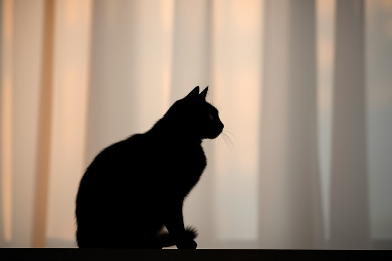 Create a high-resolution image of a stylized black silhouette of a cat sitting upright, captured with a Canon EOS R5, using a 50mm f/1.2 lens, aperture set to f/2.8, ISO 100, with a soft focus background for a dreamy effect.