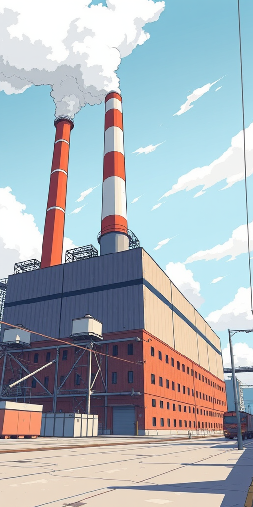 Create a high-resolution illustration of an industrial factory building with a smokestack, using a DSLR camera in aperture priority mode, f/8 aperture, ISO 100, and a slight vignette effect, captured from a low angle perspective.