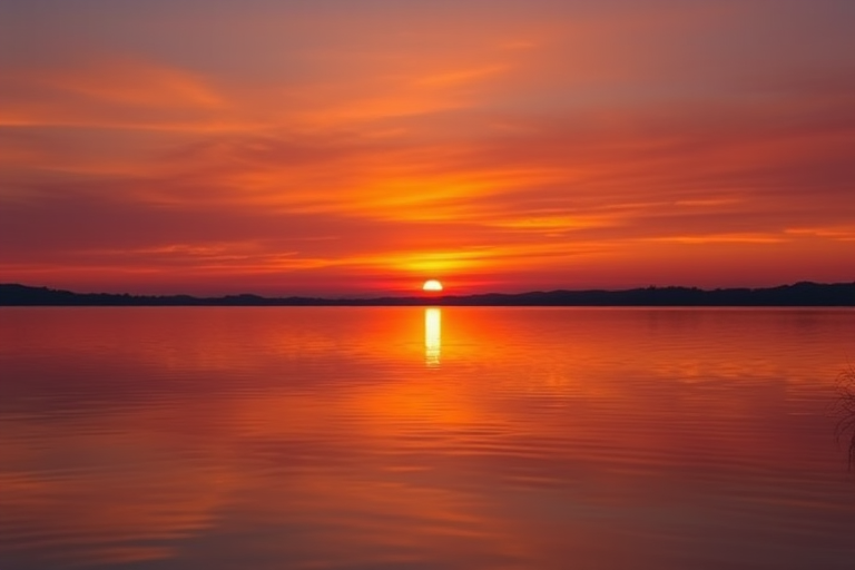 Generate a high-resolution image of a serene sunset over a calm lake, with vibrant orange and purple hues in the sky, sharp reflections on the water, using a DSLR camera, 50mm lens, aperture f/1.8, ISO 100, 1/200 sec shutter speed, shot from a low angle to capture the foreground.