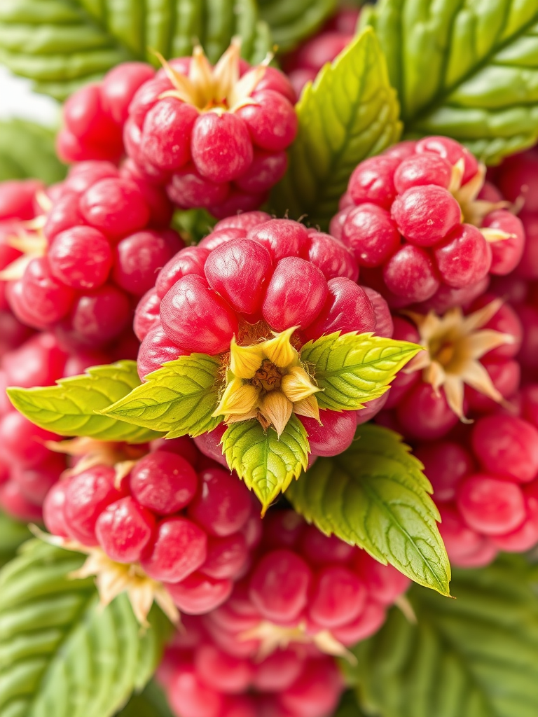 Create a vibrant illustration of a cluster of pink raspberries with green leaves, using a high-quality digital camera with a macro lens at f/2.8 aperture, 1/200s shutter speed, ISO 100, shot in natural light from a top-down view to enhance the colors and details of the fruit.