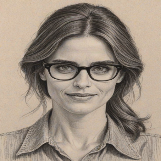 Delightful Amanda Peet, pencil sketch, portrait of Fetching woman 1972s in glasses, hair style beatnik, outline, clear lines, fine lines, 8k
