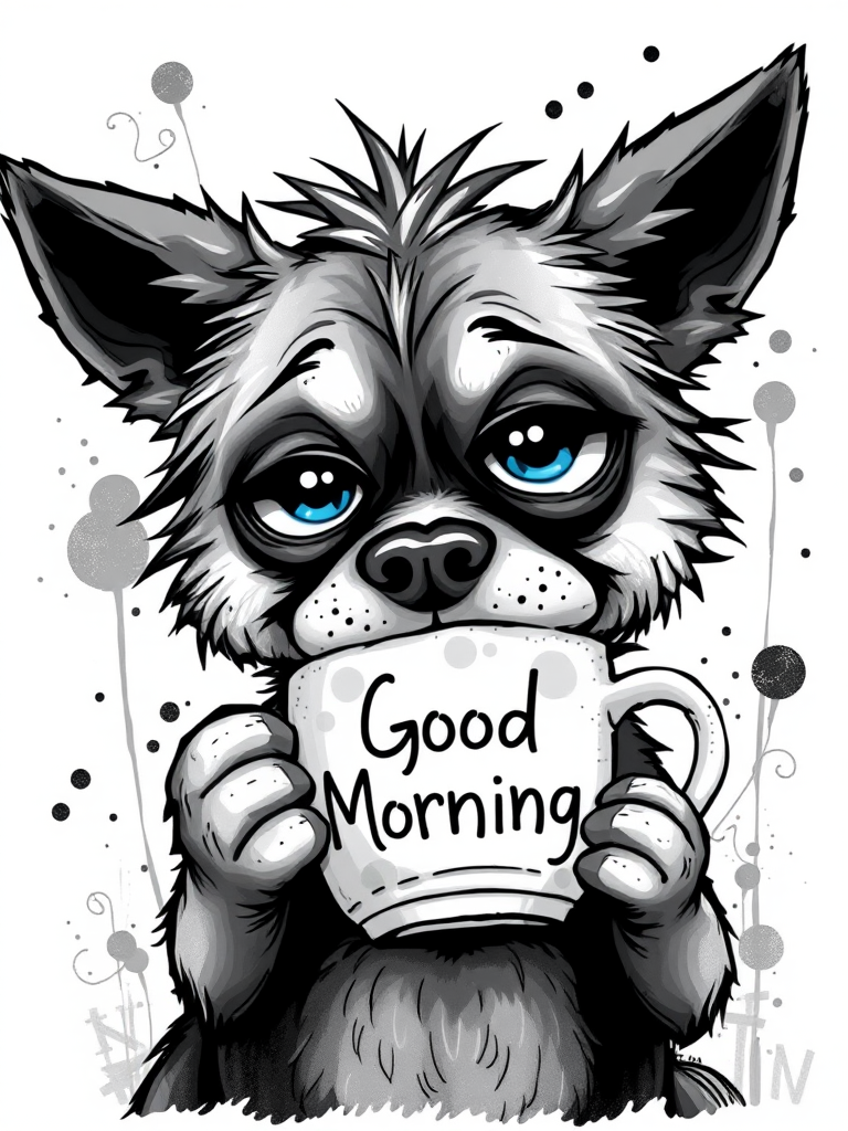 A quirky, artistic illustration of a disheveled akita pit dog breed with exaggerated, large eyes and spiky fur, holding a coffee mug that reads "Good Morning". The dog has a tired but humorous expression, with ink splatters and abstract details surrounding it, giving a whimsical feel to the image. The color palette is mostly monochrome with hints of blue in the eyes and steam rising from the mug, enhancing the overall sleepy vibe