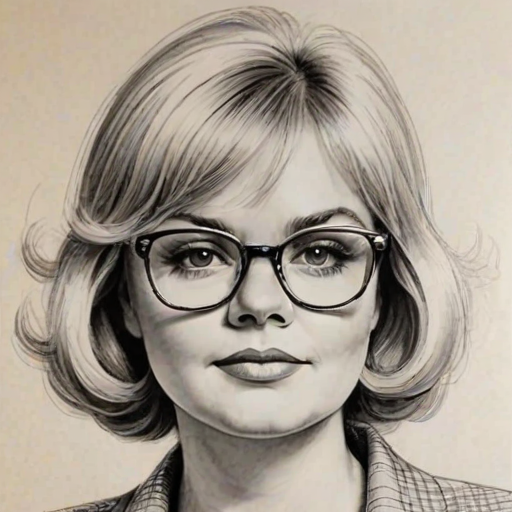 Wonderful June Squibb, pencil sketch, portrait of Ravishing woman 1970s in glasses, hair style beatnik, outline, clear lines, fine lines, 8k