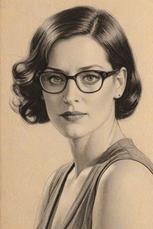 Delightful Paget Brewster, pencil sketch, portrait of Resplendent woman 1920s in glasses, hair style beatnik, outline, clear lines, fine lines, 8k
