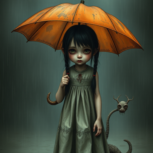 An eerie, weird little girl with dark hair in thin pigtails, wearing a smock dress, standing in the rain, holding a dirty orange umbrella, a small, odd creature beside her. In a surreal style inspired by Nicoletta Ceccoli and Brian Froud. Dark fantasy themes