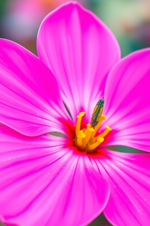 Create a vibrant illustration of a pink flower with five petals and a yellow center, using a wide aperture of f/2.8 for a shallow depth of field, a close-up view to highlight details, a high-resolution digital camera setup, and vibrant colors to enhance the overall quality.