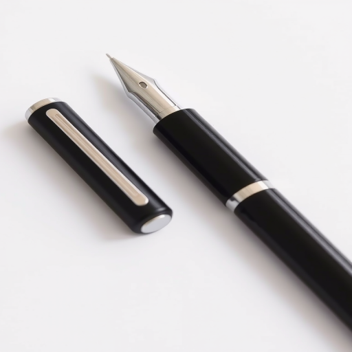 Regenerate an image of a sleek black and silver pen on a plain white background with a focus on sharpness, using a DSLR camera with a 50mm lens, f/1.8 aperture, ISO 100, and natural lighting for enhanced clarity and detail.