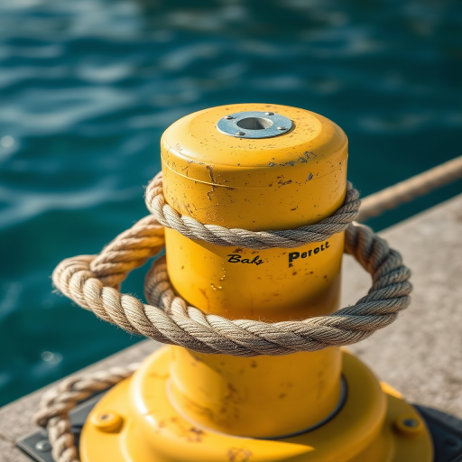 Close-up of a weathered yellow mooring bollard with a textured rope surrounding it, positioned on a concrete dock with clear blue water in the background, shot with a DSLR camera, aperture f/4, shutter speed 1/200 sec, ISO 100, 50mm lens, natural daylight.