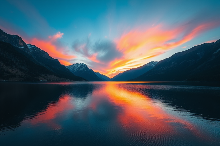 Create a high-resolution image of a serene landscape featuring a calm lake surrounded by mountains during sunrise, with vibrant colors in the sky, using a DSLR camera set to f/8, ISO 100, 1/200 sec, shot from a low-angle perspective with a wide-angle lens.