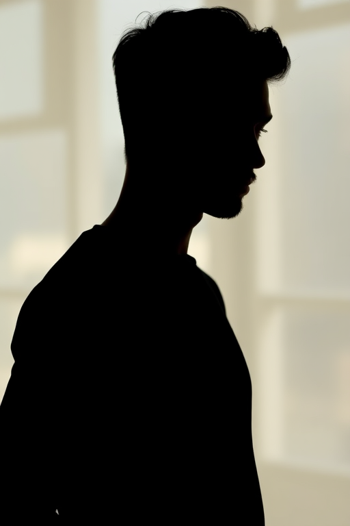 Generate a high-quality image of a black silhouette of a person with a light-colored, abstract background, use a DSLR camera with 50mm lens at f/1.8 aperture, ISO 100, 1/200 sec shutter speed, captured in portrait orientation with soft natural lighting.