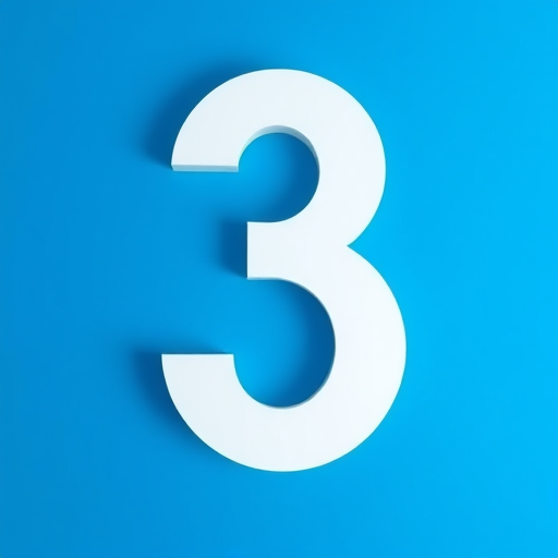 Create a vibrant blue background with a large, bold white number three in the center, shot with a Canon EOS R5 at f/8, ISO 100, 50mm lens, top-down view for clarity and sharpness.