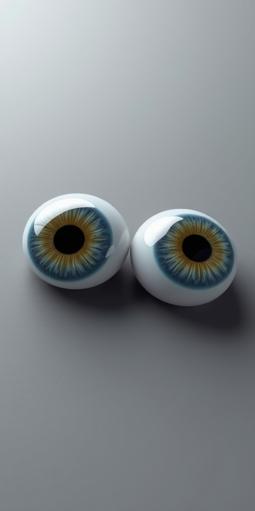 Create a highly detailed 3D render of a pair of realistic human eyeballs on a smooth gray surface, using a DSLR camera with a 50mm lens, aperture f/1.8, ISO 100, and a low-angle view to enhance depth and clarity.