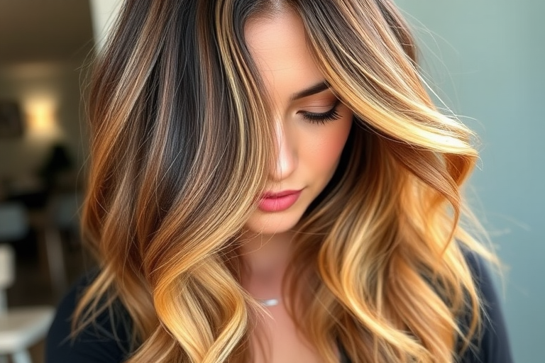 Elegant ombre balayage transitioning from deep chocolate brown to warm honey gold, styled in loose beachy waves with face-framing tendrils for a sun-kissed glow