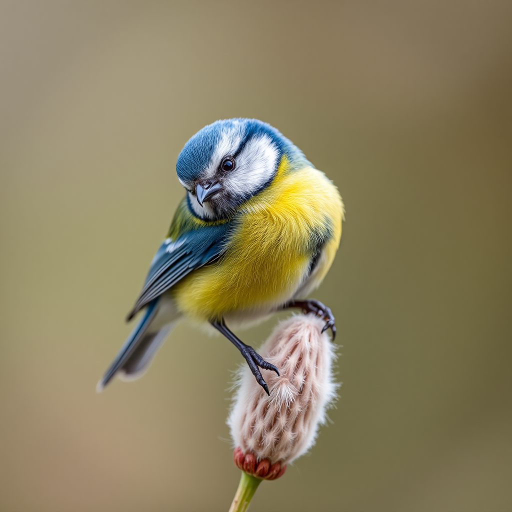 A close-up shot of a blue tit perched on a soft, fluffy stem with a blurred natural background, using a DSLR camera, 200mm lens, f/2.8 aperture, ISO 100, and a shutter speed of 1/500 sec for enhanced detail and clarity.
