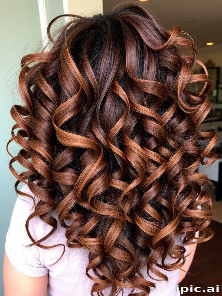 Luscious chocolate brown curls with caramel balayage highlights, styled in voluminous ringlets that frame the face and tumble down the back, embodying a romantic and whimsical charm known as Cocoa Cascade