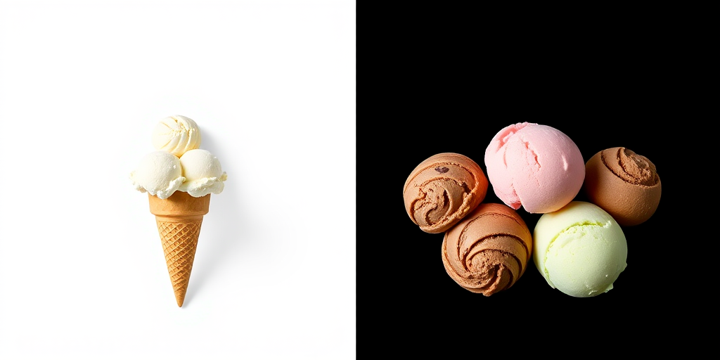 Generate a high-resolution image of a minimalistic ice cream cone design with one scoop on the left in white and black backgrounds, and three scoops on the right in pink, brown, and green against a black background, using a Canon EOS 5D Mark IV with a 50mm lens, aperture f/2.8, ISO 100, and a wide-angle view to enhance color contrast and clarity.