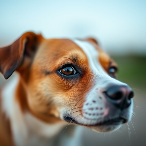 A close-up portrait of a brown and white dog with focused eyes, shallow depth of field, natural light, f/2.8, 1/200s, ISO 100, DSLR camera, 50mm lens, soft background, outdoor setting.
