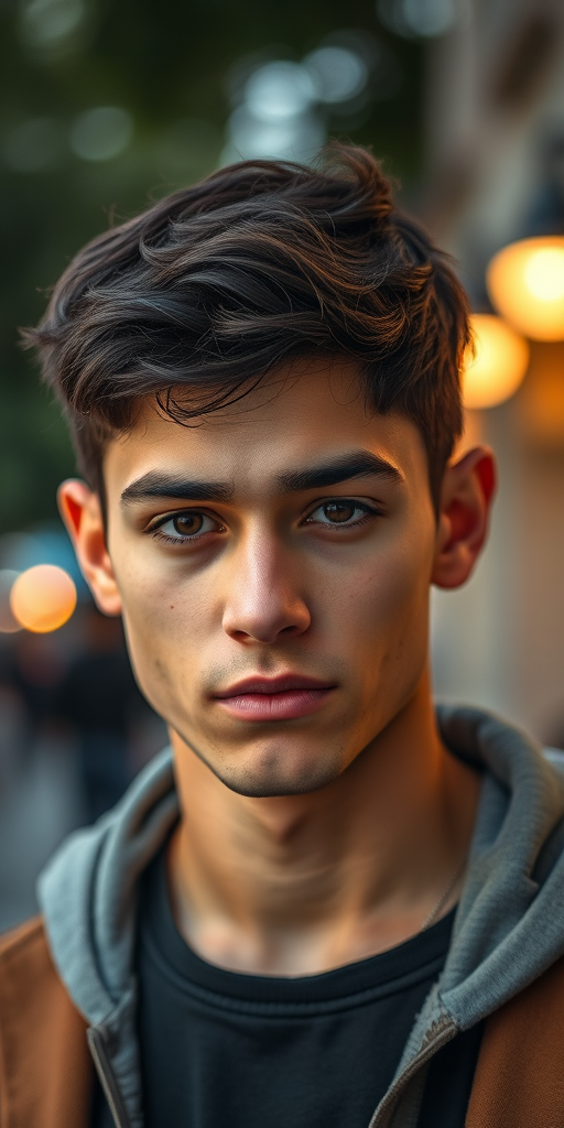 Create a high-resolution portrait of a young man with short dark hair and piercing eyes, captured in soft natural light with a shallow depth of field, using a 50mm lens at f/1.8, ISO 100, and shutter speed of 1/200s, with a bokeh background highlighting warm street lights.