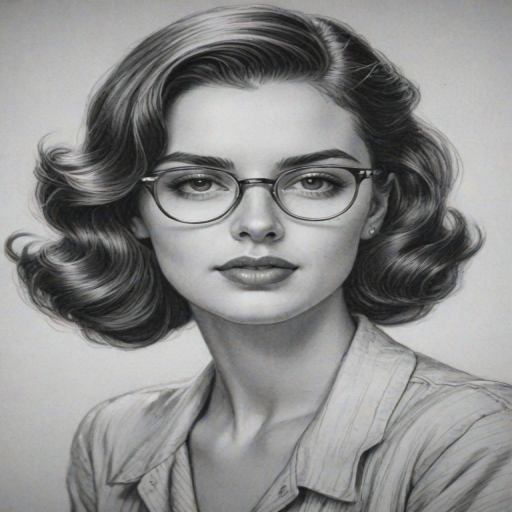 Beauteous Amelia Gray Hamlin, pencil sketch, portrait of Gorgeous woman 1940s in glasses, hair style beatnik, outline, clear lines, fine lines, 8k