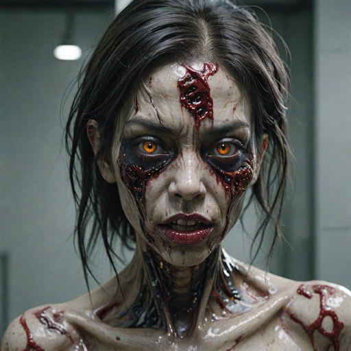 (perspective) of A creepy (ethnicity) zombie cyborg with (descriptive color) skin, (color) lipstick (color) liquid flowing from her eyes and mouth, (perspective two) portrait, (camera angle), extremely detailed, (art style) in the style of Yoshitaka Amano and Tetsuo Hara. --ar 85:128 --style raw --niji 6