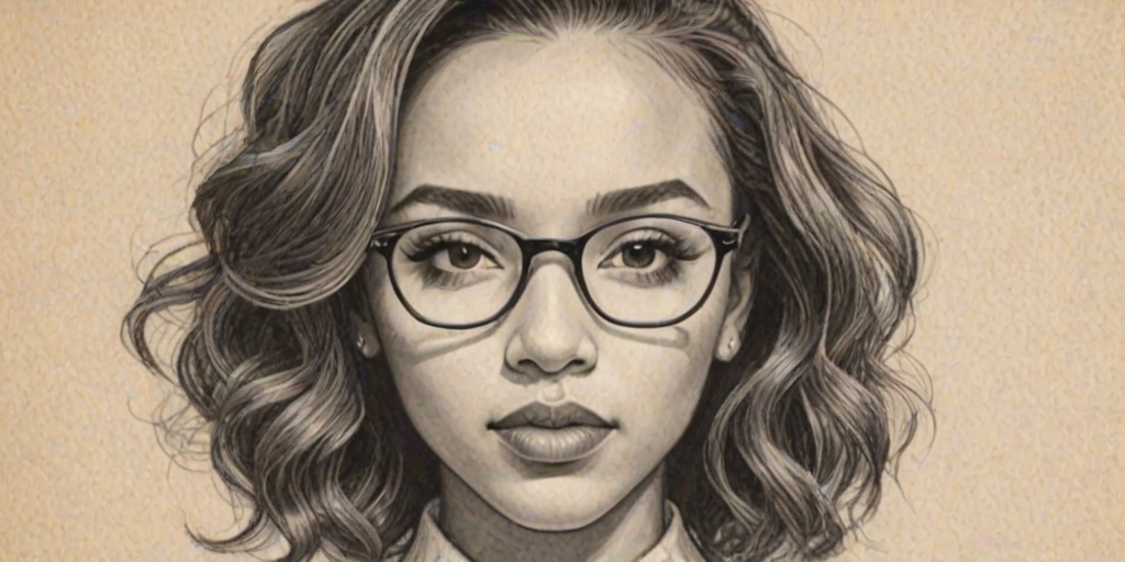 Attractive Tinashe, pencil sketch, portrait of Attractive woman 1931s in glasses, hair style beatnik, outline, clear lines, fine lines, 8k