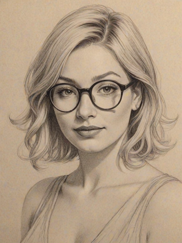 Enchanting Ari Graynor, pencil sketch, portrait of Delightful woman 1924s in glasses, hair style beatnik, outline, clear lines, fine lines, 8k