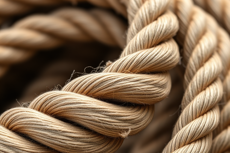 high-resolution close-up image of coiled rope with detailed texture and natural lighting, taken with a Canon EOS R5, 50mm lens, f/2.8 aperture, ISO 100, shallow depth of field, soft focus background