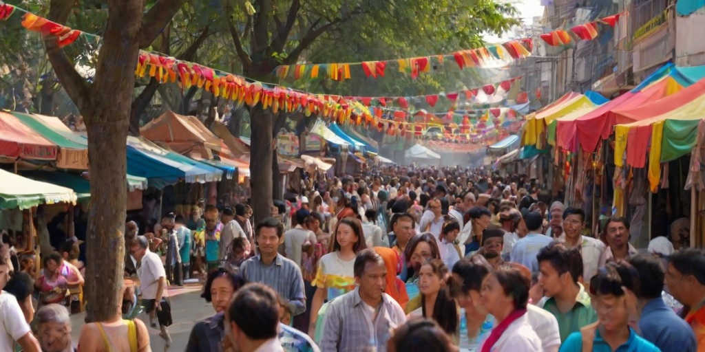 Vibrant street filled with colorful food stalls during a cultural festival, with people enjoying various cuisines, cheerful music playing in the background, and decorations adorning the street.